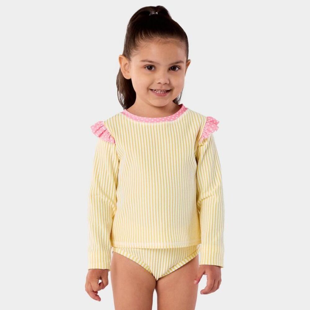 RuffleButts Baby Girls' Seersucker Long Sleeve 2pc Rash Guard Set - Yellow 18M